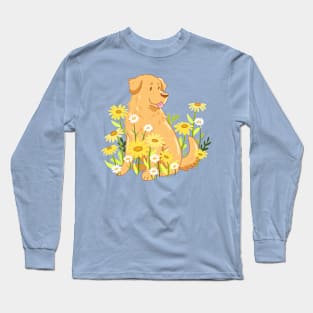 Cute golden retriever and daisy flowers Long Sleeve T-Shirt